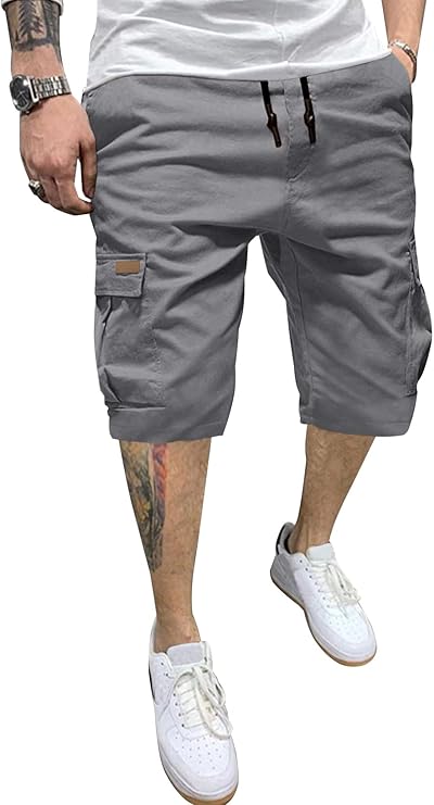 Mens Casual Cotton Twill Cargo Shorts Drawstring Classic Chino Stretch Short with 6 Pockets