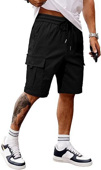 Men's Casual Stretch Cargo Shorts Classic Drawstring Elastic Waist Summer Work Short with Multi Pockets